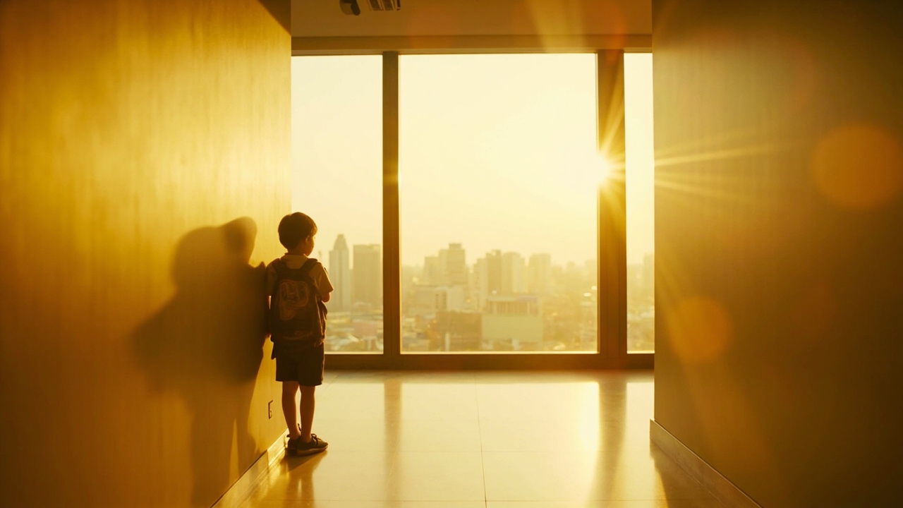 An Asian child looking out through a floor-to-ceiling window at a bright cityscape, golden light