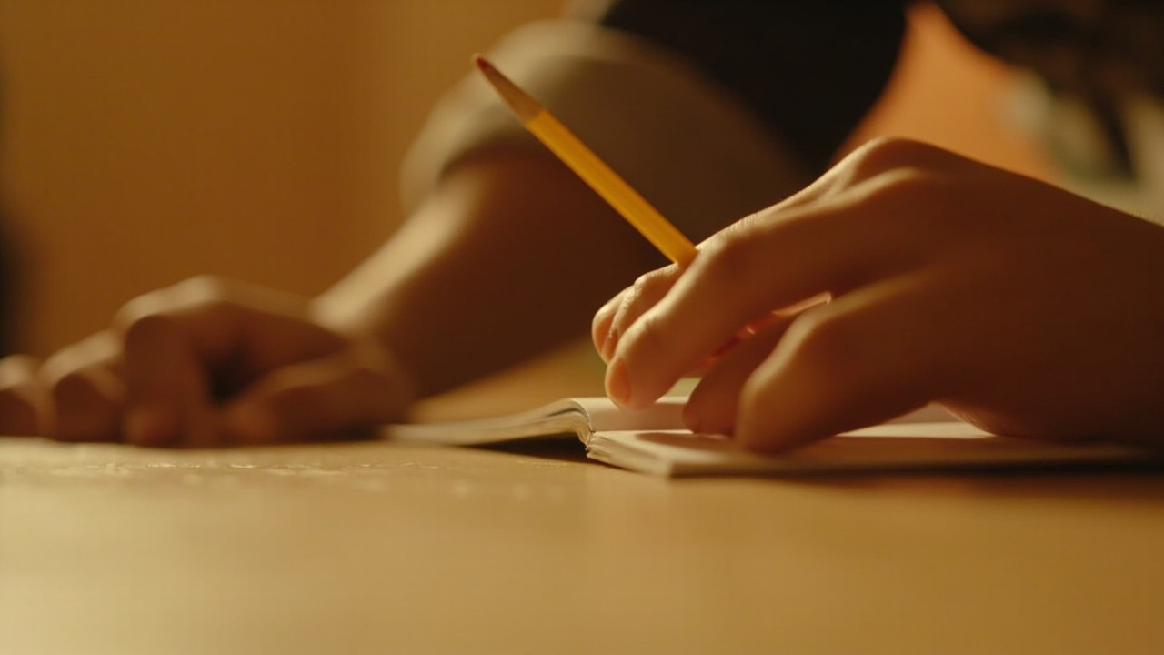 A parent and child's hands on a table with a notebook, warm light