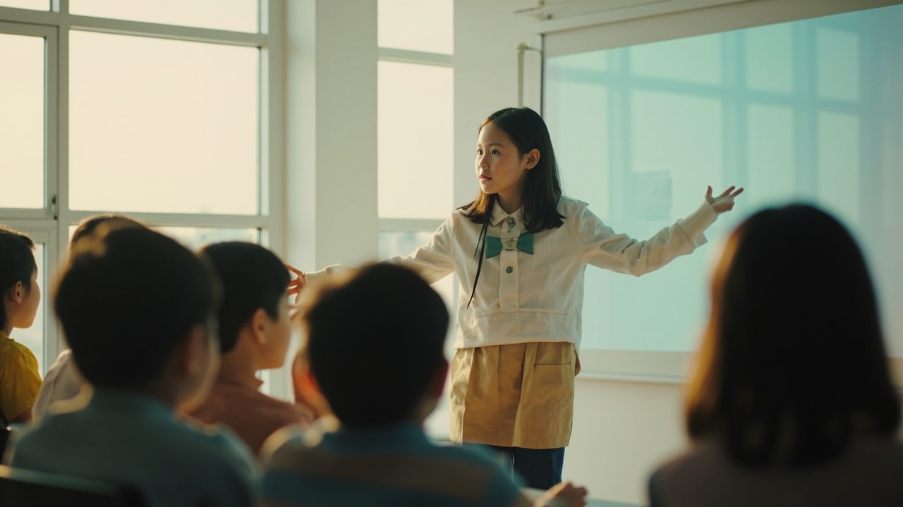An Asian girl confidently presenting her project to classmates