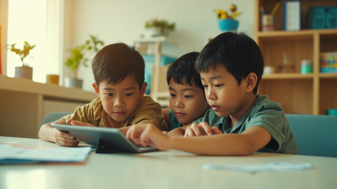 Asian children collaborating on a creative project at a modern table