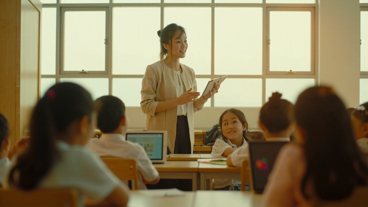 An Asian educator guiding students in a bright modern Singapore classroom