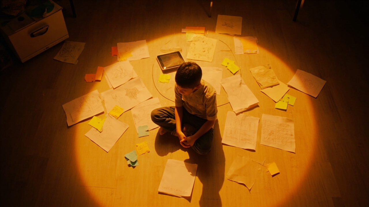 An Asian child surrounded by organized project materials in a radial pattern, warm overhead light