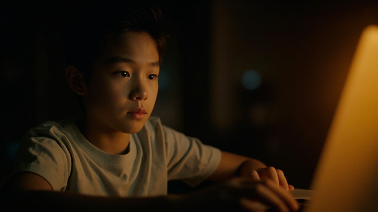 A confident Asian teenager at a laptop, warm cinematic lighting