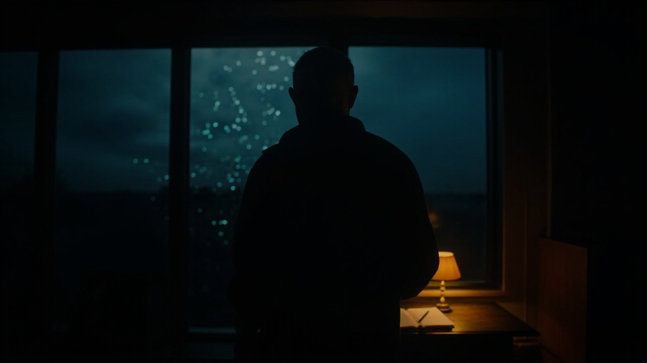 A parent silhouetted at a window, warm lamp beside a child's notebook