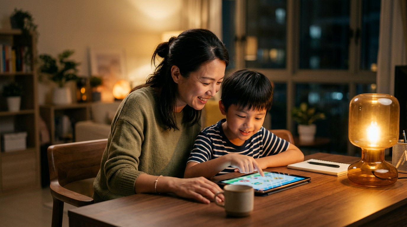 A parent silhouetted at a window, warm lamp beside a child's notebook